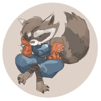 1boy animal_ears aprilscomeagain claws furry furry_male gloves guardians_of_the_galaxy hand_on_lap hashtag-only_commentary head_on_hand highres looking_at_viewer male_focus marvel marvel_rivals raccoon_boy raccoon_ears raccoon_tail red_gloves rocket_raccoon spiked_gloves tail whiskers