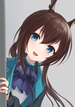 1girl :d akabane_hibame amiya_(arknights) animal_ears aqua_collar arknights ascot blue_eyes brown_hair collar commentary grey_background hair_between_eyes highres jewelry light_blush long_hair long_sleeves looking_at_viewer multiple_rings open_mouth purple_ascot ring simple_background smile solo upper_body