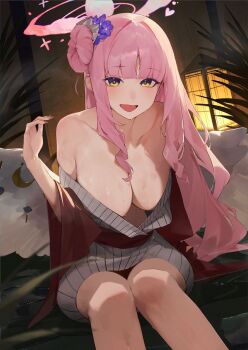 1girl :d alternate_costume bare_shoulders blue_archive blue_flower breasts collarbone flower hair_bun hair_flower hair_ornament halo highres japanese_clothes kimono kji_(rozo) large_breasts long_hair mika_(blue_archive) off_shoulder open_mouth pink_hair pink_halo red_kimono single_hair_bun sitting smile solo yellow_eyes