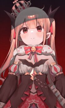 1girl black_dress black_sleeves blonde_hair blush bow bowtie breasts cape closed_mouth crown detached_sleeves dress fur-trimmed_cape fur_trim futaba_anzu gold_crown hair_ribbon head_wings highres idolmaster idolmaster_cinderella_girls idolmaster_cinderella_girls_starlight_stage long_hair long_sleeves looking_at_viewer pointy_ears puffy_long_sleeves puffy_sleeves red_background red_bow red_bowtie red_eyes red_ribbon ribbon small_breasts smile solo tsuchi_(sh_spica1) twintails upper_body very_long_hair wings