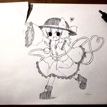 1girl absurdres commentary_request frilled_skirt frills full_body greyscale hair_between_eyes hat hat_ribbon heart heripantomorrow highres holding holding_knife knife komeiji_koishi long_sleeves monochrome ribbon shirt shoes skirt smile solo standing standing_on_one_leg third_eye torn_paper touhou traditional_media wide_sleeves yellow_shirt