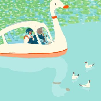 2girls backpack bag bird boat collared_shirt commentary_request cone_hair_bun double_bun duck frilled_shirt frilled_sleeves frills fukurai_azami hair_bun jasmine_(toshi_densetsu_kaitai_center) lake long_sleeves multiple_girls on_boat open_mouth outdoors reflection reflective_liquid shirt shizu_(mjdrad4) short_hair sitting smile swan_boat toshi_densetsu_kaitai_center water watercraft