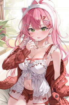 1girl :d absurdres ahoge animal_ear_hairband animal_ears babydoll blush breasts cardigan cat_ear_hairband cat_earrings cat_ears cleavage commentary double-parted_bangs earrings fake_animal_ears frilled_babydoll frilled_shorts frills front_slit green_eyes hair_between_eyes hairband highres hololive indoors jewelry large_breasts long_hair looking_at_viewer mi_ke0224 navel necklace off_shoulder official_alternate_costume open_mouth pink_hair red_cardigan red_shorts sakura_miko sakura_miko_(loungewear) short_shorts shorts sitting smile solo symbol-only_commentary virtual_youtuber white_babydoll
