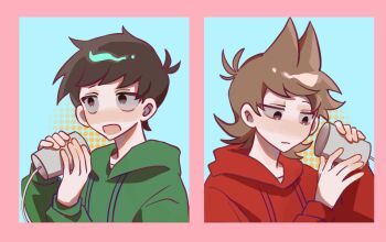 Rule 34 | 2boys, animification, blue background, border, brown eyes, brown hair, chinese commentary, commentary request, duomingkafeiren, edd (eddsworld), eddsworld, green hoodie, hair ears, highres, holding, hood, hood down, hoodie, jitome, male focus, multiple boys, open mouth, pink border, portrait, red hoodie, sanpaku, short hair, simple background, string phone, tord (eddsworld)
