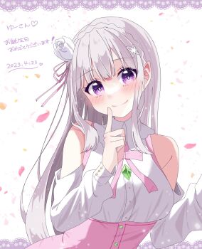 1girl absurdres alternate_costume bare_shoulders blush border bow bowtie braid breasts buttons closed_mouth collared_shirt commentary_request crown_braid dated detached_sleeves emilia_(re:zero) falling_petals flower hair_flower hair_ornament hair_ribbon high-waist_skirt highres index_finger_raised lace lace_border light_particles long_sleeves looking_at_viewer maria_0422 medium_breasts ornate_border petals pink_bow pink_bowtie pink_ribbon pink_skirt purple_eyes re:zero_kara_hajimeru_isekai_seikatsu ribbon shirt skirt sleeveless sleeveless_shirt smile solo translation_request underbust upper_body white_flower white_shirt white_sleeves