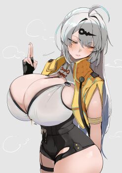 1girl absurdres ahoge alternate_breast_size_(larger) belt black_gloves black_shorts blush breasts camisole cleavage commentary_request elbow_gloves fingerless_gloves gloves hair_ornament hairclip high-waist_shorts highres huge_breasts jacket long_hair looking_to_the_side s4ika shorts solo thighs white_camisole white_hair yellow_eyes yellow_jacket yin_yang_pin yixuan_(zenless_zone_zero) zenless_zone_zero