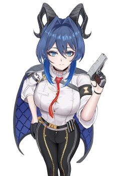 Rule 34 | 1girl, armband, black armband, black choker, black gloves, black horns, black jacket, black pants, blue eyes, blue hair, breasts, brulee, button gap, chest harness, choker, closed mouth, collared shirt, commentary, cosplay, curled horns, gloves, gun, hair between eyes, hand on own hip, hand up, handgun, harness, highres, holding, holding gun, holding weapon, hololive, hololive english, horns, jacket, jacket on shoulders, large breasts, looking at viewer, necktie, ouro kronii, pants, red necktie, shirt, shirt tucked in, simple background, solo, virtual youtuber, weapon, white background, white shirt, wuthering waves, zani (wuthering waves), zani (wuthering waves) (cosplay)