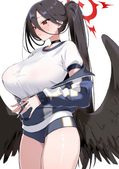 1girl absurdres black_choker black_hair black_wings blue_archive blue_jacket blue_shorts blush breasts choker closed_mouth commentary_request covered_erect_nipples cowboy_shot feathered_wings gym_shirt gym_shorts gym_uniform hair_between_eyes halo hands_up hasumi_(blue_archive) hasumi_(track)_(blue_archive) highres huge_breasts jacket long_bangs long_hair long_sleeves looking_ahead low_wings mole mole_under_eye nipples nisokurui off_shoulder official_alternate_costume partially_unbuttoned ponytail raised_eyebrows red_eyes red_halo see-through_clothes see-through_shirt shirt short_sleeves shorts simple_background sleeves_past_wrists solo standing sweatdrop taut_clothes taut_shirt track_jacket very_long_hair white_background white_shirt wings zipper_pull_tab