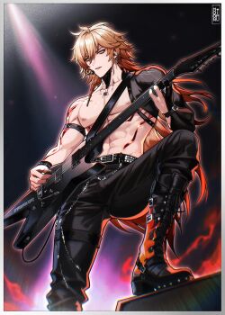 1boy abs absurdres bass_guitar belt black_pants black_shoes blonde_hair boots cyberpunk_(series) cyberpunk_2077 earrings gradient_hair headset highres holding holding_bass_guitar holding_instrument honkai:_star_rail honkai_(series) instrument jewelry long_hair male_focus moonimu_art multicolored_hair muscular muscular_male mydei_(honkai:_star_rail) navel nipples orange_eyes orange_hair pants shoes solo stomach topless_male