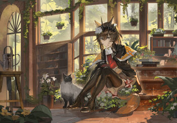 1girl animal_ears arched_window arknights black_cape black_eyes black_pantyhose book book_stack bookshelf brick_stairs brown_hair cape cat cat_ears cat_girl cat_tail chair closed_mouth commentary_request crown dress flower flower_on_head flower_pot full_body hair_between_eyes hand_on_own_face hand_up high_heels highres indoors kasumi_yuzuha library long_sleeves looking_ahead medium_hair off_shoulder pantyhose quilted_cape rose sitting sleeve_cuffs sleeves_past_wrists smile solo tail thighhighs tile_floor tiles vendela_(arknights) watering_can white_dress white_flower white_rose window wooden_chair zettai_ryouiki