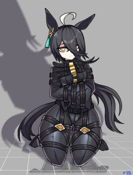1girl absurdres ahoge animal_ears black_bodysuit black_hair bodysuit breasts closed_mouth ear_ornament ear_tag earrings expressionless hair_between_eyes highres horse_ears horse_girl horse_tail jewelry kneeling koshou_shou_mitsu long_hair long_hair_between_eyes long_sleeves manhattan_cafe_(umamusume) multicolored_hair single_earring skindentation small_breasts solo straitjacket tail thick_thighs thighs tile_floor tiles umamusume very_long_hair white_hair yellow_eyes