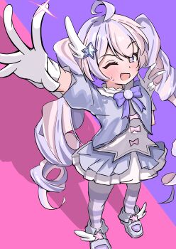 1girl absurdres blue_archive blush dress highres looking_at_viewer magical_girl mazemaze_0 open_mouth purple_eyes purple_hair reisa_(blue_archive) reisa_(magical)_(blue_archive) solo standing twintails v white_dress