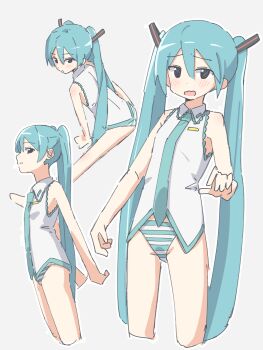 1girl aqua_hair auhuheben17 barefoot blush hair_between_eyes hair_ornament hatsune_miku highres looking_at_viewer multiple_views necktie no_pants panties standing striped_clothes striped_panties twintails underwear vocaloid