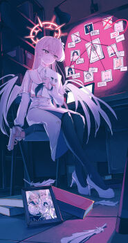 1girl absurdres azusa_(blue_archive) black_neckerchief black_pantyhose blue_archive book bookshelf broken_picture_frame brown_eyes brown_hair chair chest_harness commentary_request computer desk dress eironeus evidence_board faust_(blue_archive) feathers flower gun hair_flower hair_ornament halo hanako_(blue_archive) handgun harness hasumi_(blue_archive) hifumi_(blue_archive) high_heels highres holding holding_gun holding_weapon koharu_(blue_archive) laptop long_hair mika_(blue_archive) nagisa_(blue_archive) neckerchief pantyhose paranoid photo_(object) red_halo seia_(blue_archive) sitting solo tile_floor tiles translation_request trinity_general_school_logo walther walther_ppk weapon white_dress white_feathers white_footwear white_wings wings