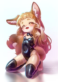 1girl absurdres animal_ear_fluff animal_ears animal_feet animal_nose arm_up bare_shoulders barefoot black_bow black_bowtie black_leotard black_thighhighs blush body_fur bow bowtie breasts brown_eyes brown_hair cinnamofluff covered_navel fang fox_ears fox_girl fox_tail furry furry_female hand_in_own_hair highleg highleg_leotard highres holding_own_tail kneeling leotard loli long_hair open_mouth original small_breasts smile solo strapless strapless_leotard tail thighhighs thighs toeless_legwear