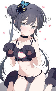 1girl ? absurdres animal_cutout animal_ears animal_hands black_bra black_panties blue_archive bra braid braided_bun butterfly_hair_ornament cat_cutout cat_ear_panties cat_ears cat_lingerie clothing_cutout double_bun gloves grey_halo hair_bun hair_ornament halo heart heart-shaped_pupils highres kanimiso30601 kisaki_(blue_archive) looking_at_viewer panties paw_gloves sitting solo symbol-shaped_pupils underwear underwear_only wariza white_background