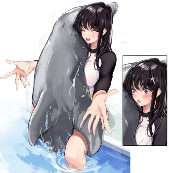 1girl absurdres bestiality bikini black_hair breasts come_hither dolphin highres implied_bestiality implied_sex in_water komi-san_wa_komyushou_desu komi_shouko large_breasts lips looking_at_viewer mamimi_(mamamimi) navel outstretched_arms pool poolside shirt solo swimsuit