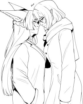 2girls absurdres animal_ear_fluff animal_ears blunt_bangs blush closed_eyes closed_mouth coat commentary cowboy_shot english_commentary fox_ears fox_girl glasses hadalogic hair_between_eyes hand_in_pocket highres hoshimi_miyabi long_hair multiple_girls scarf sidelocks simple_background standing tsukishiro_yanagi white_background yuri zenless_zone_zero