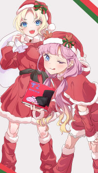 Rule 34 | 2girls, ;3, ;q, absurdres, anyoji hime, anyoji hime (seal), blonde hair, blue eyes, box, brand name imitation, capelet, commentary request, dress, fang, feet out of frame, fur-trimmed capelet, fur-trimmed dress, fur-trimmed headwear, fur-trimmed hood, fur-trimmed socks, fur trim, gradient hair, grey background, hat, highres, holding, holding box, holding sack, hood, hood down, hooded capelet, leaning forward, link! like! love live!, long hair, looking at viewer, loose socks, love live!, low twintails, mika yui, mira-cra park!, multicolored hair, multiple girls, nintendo switch 2, one eye closed, osawa rurino, pink hair, red capelet, red dress, red hat, red socks, sack, sack behind back, santa costume, santa dress, santa hat, simple background, socks, tongue, tongue out, twintails, v-shaped eyebrows, virtual youtuber