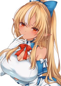 1girl absurdres blonde_hair blue_bow blush bow breasts cleavage cleavage_cutout closed_mouth clothing_cutout commentary_request dark-skinned_female dark_elf dark_skin dress elf hair_bow highres hololive large_breasts looking_at_viewer multicolored_hair orange_eyes pointy_ears ponytail seikosda shiranui_flare shiranui_flare_(1st_costume) solo streaked_hair virtual_youtuber white_dress white_streaks