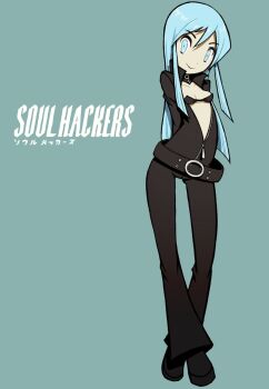 1girl beeru_(veil8801) belt blue_eyes blue_hair bodysuit breasts center_opening closed_mouth collar collarbone commentary copyright_name devil_summoner:_soul_hackers devil_summoner_(series) full_body highres long_hair looking_at_viewer nemissa pale_skin simple_background smile solo zipper