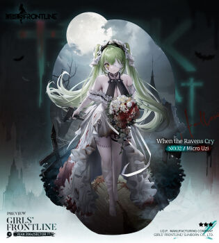 1girl :q bandage_over_one_eye bandaged_arm bandaged_head bandaged_leg bandages bare_shoulders bare_tree barefoot blood blood_on_clothes bloody_clothes bloody_dress bouquet breasts brick_floor building burnt_clothes character_name choker cleavage closed_mouth colored_skin commentary copyright_name dress english_commentary english_text feet fence flower foliage full_body full_moon girls'_frontline green_hair grey_skin gun halloween halloween_costume halterneck highres holding holding_bouquet holding_gun holding_weapon iron_fence large_breasts long_hair looking_at_viewer micro_uzi micro_uzi_(girls'_frontline) micro_uzi_(when_the_ravens_cry)_(girls'_frontline) moon multicolored_skin o-ring o-ring_choker official_alternate_costume official_art pale_skin patchwork_skin path promotional_art road rose second-party_source shell_casing sky-freedom solo standing star_(symbol) stitches submachine_gun teardrop_facial_mark thigh_strap toes tongue tongue_out tree trick_or_treat trigger_discipline twintails very_long_hair weapon white_dress white_flower white_headdress white_rose white_skin yellow_eyes