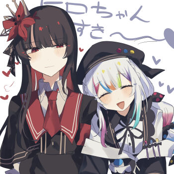 2girls :d beret black_hair black_ribbon black_shirt blunt_bangs closed_eyes closed_mouth collared_shirt commentary_request flower hair_flower hair_ornament hat heart highres jogasaki_noah leaning_on_person long_hair looking_at_another mahou_shoujo_no_majo_saiban mio_daihuku multi-tied_hair multicolored_hair multiple_girls neck_ribbon necktie nikaido_hiro open_mouth paintbrush puff_of_air red_eyes red_flower red_necktie ribbon shirt smile streaked_hair translation_request upper_body white_background white_hair white_shirt