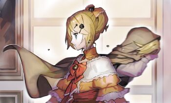 1boy 1girl aku_no_meshitsukai_(vocaloid) blonde_hair blue_eyes bow cape commentary_request glint hair_bow hair_ornament hairclip highres hood hooded_cape kagamine_len kagamine_rin light_frown orange_hair portrait_(object) short_hair soyaka vocaloid