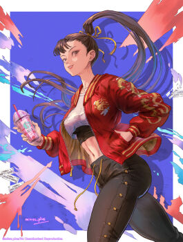 1girl artist_name breasts brown_eyes brown_hair capcom chun-li closed_mouth earrings hair_ribbon high_ponytail highres jewelry looking_at_viewer mitsu_plus navel official_alternate_costume ponytail prototype_design ribbon solo street_fighter street_fighter_6 twitter_username