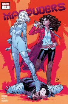 1boy 2girls absurdres belt black_leggings blonde_hair blood bloodshot_eyes bodysuit boots breasts brown_boots brown_hair bruise bruised_eye coat comic_cover copyright_logo copyright_name cover cover_page curly_hair diamond_skin emma_frost english_text epaulettes facial_hair full_body fur-trimmed_jacket fur_trim gloves grey_vest high_heel_boots high_heels highres holding holding_sword holding_weapon implied_after_fight injury jacket kitty_pryde knee_boots large_breasts leggings linea_alba logo long_hair looking_back looking_down looking_up lying marvel missing_tooth multiple_girls mutton_chops official_art on_stomach one_eye_closed orange_background red_coat russell_dauterman sebastian_shaw shirt stepped_on sword thigh_boots torn_clothes torn_shirt vest weapon western_comics_(style) white_bodysuit white_boots white_gloves white_hair white_jacket white_shirt widow's_peak x-men