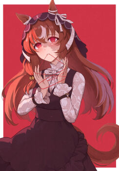 1girl animal_ears black_dress black_veil bow brown_hair commentary dress enddada hair_between_eyes highres holding holding_string horse_ears horse_girl horse_tail long_hair red_background red_eyes shirt solo still_in_love_(casual)_(umamusume) still_in_love_(umamusume) string string_in_mouth symbol-only_commentary tail umamusume veil white_bow white_shirt