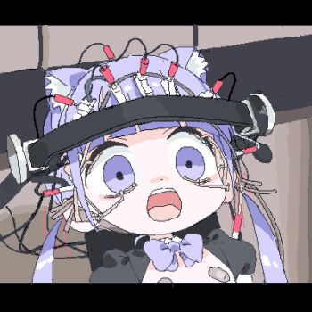 1girl a_clockwork_orange animal_ear_hairband animal_ears bandaid bandaids_on_nipples black_sleeves caliper cat_ear_hairband cat_ears empty_eyes fake_animal_ears flat_chest hair_ribbon hairband headgear jaggy_lines letterboxed lokulo-chan_(lokulo_no_mawashimono) lokulo_no_mawashimono long_hair low_twintails lowres ludovico_technique original parody pasties puffy_short_sleeves puffy_sleeves purple_eyes purple_hair red_ribbon restrained ribbon scene_reference short_sleeves shrug_(clothing) solo torture twintails upper_body wide-eyed