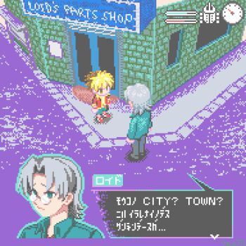 amanogawa_ryuusei andou_loid black_pants black_shoes blonde_hair blue_shorts brown_hair character_name closed_mouth collared_jacket commentary curtained_hair door fake_screenshot gloves green_eyes green_jacket grey_hair heads-up_display health_bar jacket jinzou_konchuu_kabutoborg_vxv looking_at_another lowres outdoors pants pixel_art poster_(object) red_jacket red_shoes road shirorofuru shoes shop short_hair shorts speech_bubble standing tachometer toy toy_car translation_request user_interface window