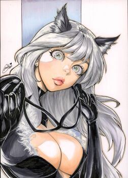 1girl animal_ears black_bodysuit black_cat_(marvel) bodysuit breasts cat_ears cleavage earrings fur_trim grey_eyes highres jewelry large_breasts lipstick long_hair makeup marvel miki_okazaki signature solo white_hair