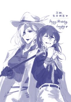 Rule 34 | 2girls, cane, chief (path to nowhere), choryu desu, clenched teeth, commentary request, female chief (path to nowhere), hat, highres, holding, holding cane, korean commentary, langley (path to nowhere), monochrome, multiple girls, necktie around wrists, one eye closed, path to nowhere, restrained, smile, teeth, white background