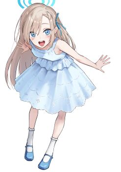 Rule 34 | 1girl, :d, absurdres, aged down, alternate costume, aoi riko, asuna (blue archive), asymmetrical bangs, blonde hair, blue archive, blue dress, blue eyes, blue halo, blue ribbon, blue shoes, blush, breasts, commentary, dress, full body, hair over one eye, hair ribbon, halo, highres, leaning forward, long hair, looking at viewer, open mouth, ribbon, shoes, simple background, small breasts, smile, solo, teeth, upper teeth only, white background