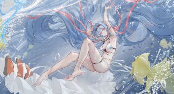 Rule 34 | absurdly long hair, air bubble, ankle garter, anklet, armlet, armpits, arms up, bikini, blue hair, blue ribbon, breasts, bubble, cleavage, commentary request, commission, fish, floating, floating hair, frilled cape, full body, goldfish, hairband, hands up, head tilt, highres, in water, jewelry, long hair, medium breasts, ocean, orange eyes, original, outdoors, piao jin (headwear), pink ribbon, red eyes, ribbon, school of fish, swimsuit, thigh strap, underwater, very long hair, waist cape, white bikini, white ribbon, wuzhuang caikuangche