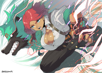 1girl arrow_(symbol) artist_name blue_eyes breasts brown_gloves chikoinochi cleavage commentary dark-skinned_female dark_skin fighting_stance fingerless_gloves giovanna_(guilty_gear) gloves green_fur guilty_gear guilty_gear_strive high-waist_pants highres large_breasts open_mouth pants partially_unbuttoned recycling_symbol red_hair rei_(guilty_gear) sharp_teeth short_hair sleeves_pushed_up suspenders teeth twitter_username wolf
