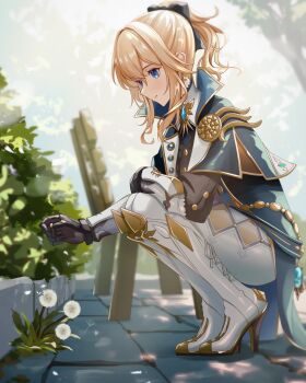 1girl armored_boots black_bow black_gauntlets black_shirt blonde_hair blue_capelet blue_eyes boots bow capelet commentary cross cross_earrings dandelion dandelion_seed earrings flower genshin_impact hair_bow high_heel_boots high_heels highres jean_(genshin_impact) jean_(gunnhildr&#039;s_legacy)_(genshin_impact) jewelry long_hair mon-chan official_alternate_costume outdoors pants ponytail shirt sidelocks smile solo squatting thigh_boots tight_clothes tight_pants white_pants