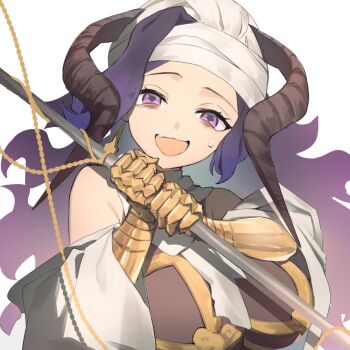 Rule 34 | 1girl, bandaged head, bandaged neck, bandages, breasts, cradle, draph, granblue fantasy, horns, large breasts, looking at viewer, open mouth, orologia (female), purple eyes, purple hair, smile, solo, umeda shiso, upper body