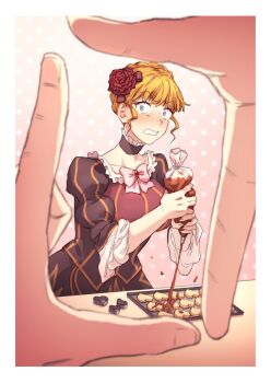 Rule 34 | 1girl, beatrice (umineko), blonde hair, blue eyes, blush, bow, braid, braided bun, breasts, brown dress, chocolate, choker, cookie, cooking, dress, embarrassed, flower, food, formal clothes, frills, gold trim, hair bun, hair flower, hair ornament, heart, heart-shaped food, highres, hswoimuxk0pwr0h (bbdan), necktie, pink background, pink bow, rose, surprised, umineko no naku koro ni, valentine, wide-eyed
