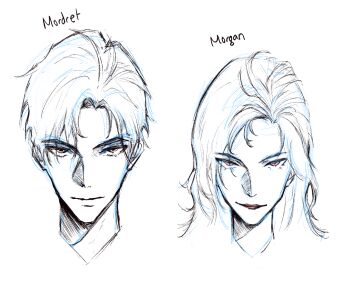 Rule 34 | 1boy, 1girl, brother and sister, character name, commentary, curtained hair, ellieaedon, english commentary, hatching (texture), highres, long hair, looking at viewer, mordret (shadow slave), morgan (shadow slave), partially colored, portrait, red eyes, red lips, shadow slave, short hair, siblings, smirk