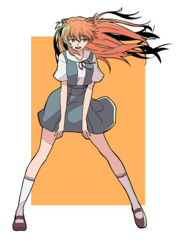 1girl between_legs blue_eyes brown_shoes choppy_bangs commentary commentary_request dress floating_hair full_body hair_between_eyes hand_between_legs highres interface_headset_(evangelion) kneehighs legs_apart long_hair looking_to_the_side neck_ribbon neon_genesis_evangelion open_mouth orange_hair red_ribbon ribbon sailor_collar sashimi_(sasihmi) school_uniform shirt shoes short_sleeves smile socks solo souryuu_asuka_langley standing vest white_background white_sailor_collar white_shirt yellow_background