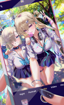 2girls absurdres aqua_necktie asuna_(blue_archive) asuna_(school_uniform)_(blue_archive) black_choker black_nails black_skirt blonde_hair blowing_bubble_gum blue_archive blue_bow blue_bowtie blue_eyes blue_nails blue_sky blush bow bowtie breasts cellphone chewing_gum choker chromatic_aberration cleavage commentary_request crossover day earrings eyes_visible_through_hair fingernails gyaru haine_1871 hair_between_eyes hair_ornament hair_over_one_eye halo headphones headphones_around_neck highres holding holding_phone holding_spray_can jewelry large_breasts long_hair looking_at_viewer lynae_(wuthering_waves) multiple_girls nail_polish necktie outdoors phone purple_eyes selfie shirt skirt skull_hair_ornament sky smartphone smile spray_can star_(symbol) star_earrings v very_long_fingernails white_shirt wuthering_waves