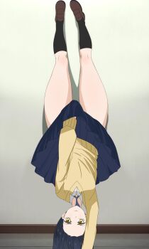1girl black_hair black_socks blue_necktie blue_skirt breasts brown_footwear chisato_handstand_(meme) eg_si handstand highres long_hair looking_at_viewer lycoris_challenge_(meme) lycoris_recoil medium_breasts meme mieruko-chan necktie parody scene_reference school_uniform shirt skirt socks sweater thick_thighs thighs white_shirt yellow_eyes yellow_sweater yotsuya_miko