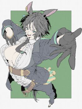 Rule 34 | 1girl, ahoge, alternate breast size (larger), animal ears, arms up, belt, black gloves, black hair, black jacket, black necktie, black pants, blue eyes, blush, border, breasts, brown belt, center frills, center opening, commentary request, ear ornament, fang, flat color, foreshortening, frilled shirt, frills, from above, fuji kiseki (umamusume), gloves, green background, grey hair, high heels, highres, horse ears, huge breasts, jacket, jewelry, leaning back, long sleeves, looking at viewer, multicolored hair, necktie, no bra, no tail, open clothes, open jacket, open mouth, outside border, outstretched arm, pants, ribs, shirt, shoes, short hair, small head, smile, solo, standing, stomach, two-tone hair, umamusume, white border, white shirt, yukige subaru