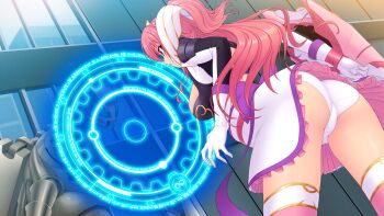 1girl armor ass blue_eyes breasts cowboy_shot dress dutch_angle elbow_gloves en_ciel_rena en_ciel_rena_(sin) frilled_skirt frills from_behind from_below game_cg gloves holographic_interface indoors kourin_tenshi_en_ciel_rena large_breasts large_variant_set leaning_forward legs_apart long_hair looking_at_viewer looking_back magic_circle magical_girl non-web_source official_art panties pantyshot pauldrons pink_hair ponytail saitou_natsuki shield short_dress shoulder_armor sideboob skirt solo standing suhamaya thighhighs tomoe_rena underwear upskirt variant_set very_long_hair white_gloves white_panties white_skirt