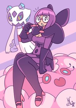 1girl artist_logo blunt_bangs bob_cut bow breasts buttons cleavage elbow_gloves froslass gen_4_pokemon gen_5_pokemon ghost glasses gloves highres holding holding_pen jellicent jellicent_(female) jellyfish large_bow logo medium_breasts nintendo octomage open_mouth pantyhose pen pokemon pokemon_(creature) pokemon_bw purple_hair purple_skirt rimless_eyewear round_eyewear shauntal_(pokemon) short_hair skirt