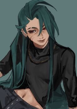 Rule 34 | 1girl, black shirt, buttons, commentary, covered collarbone, earrings, eyebrow cut, green hair, grey background, grey pants, hair between eyes, hair over shoulder, highres, jewelry, leaning, long hair, mei (manjunii), navel, necklace, nintendo, official alternate costume, pants, pokemon, pokemon masters ex, red eyes, rika (palentine's 2026) (pokemon), rika (pokemon), shirt, solo