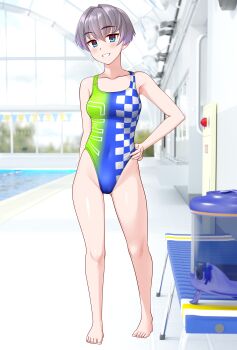 1girl absurdres barefoot bench blue_eyes blue_one-piece_swimsuit breasts checkered_clothes commentary_request competition_swimsuit full_body gradient_swimsuit grey_hair grin hand_on_own_hip highleg highleg_one-piece_swimsuit highres indoors medium_breasts multicolored_swimsuit one-piece_swimsuit original poolside race_queen short_hair smile solo swimsuit takafumi variant_set